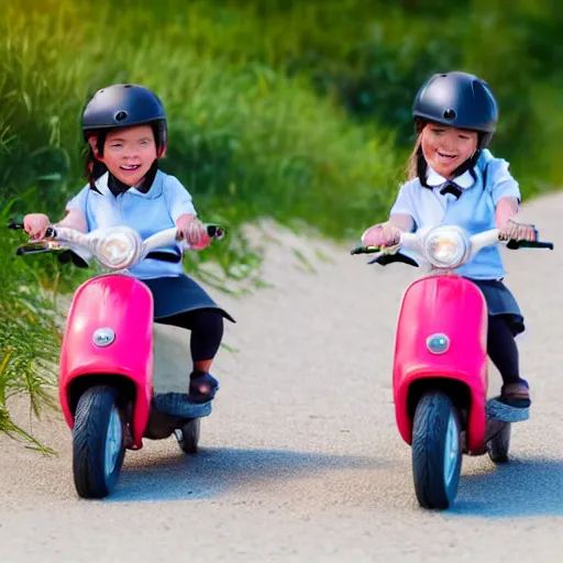 Image similar to very detailed stockphoto of two! little girls wearing a grey school uniform riding a scooter along the beach road