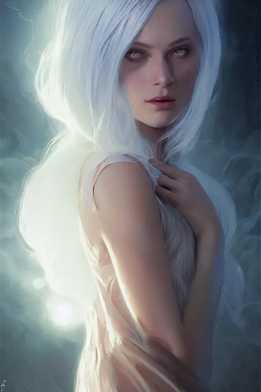 Image similar to dynamic lighting by greg rutkowski, portrait female holding crystal white hair, blush, pleated skirt, flowing hair, slim face, elegant, terry moore, barclay shaw, karol bak, greg rutkowski