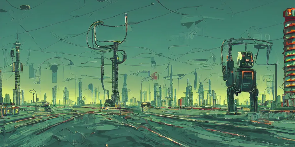 Prompt: retrofuturistic robot in panel post soviet city landscape in style of Simon Stalenhag, green colour scheme