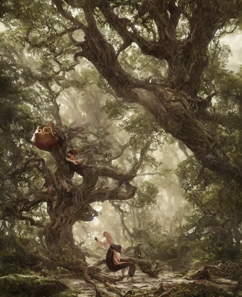 Image similar to woman playing a piano sitting on a giant tree, very detailed, 8k, maximized, ornate, masterpiece, complex, by Greg rutkowski, Alex Gray, surrounded by smoke