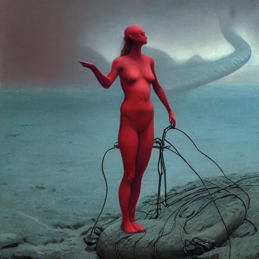 Image similar to evil smile, shore of the lake, woman, wrapped around by tubes and cables, short black curly hair, glowing red, by edgar maxence and ross tran, zdzisław beksinski, and michael whelan, distant, gustav dore, h. r. giger, 8 k, octane render