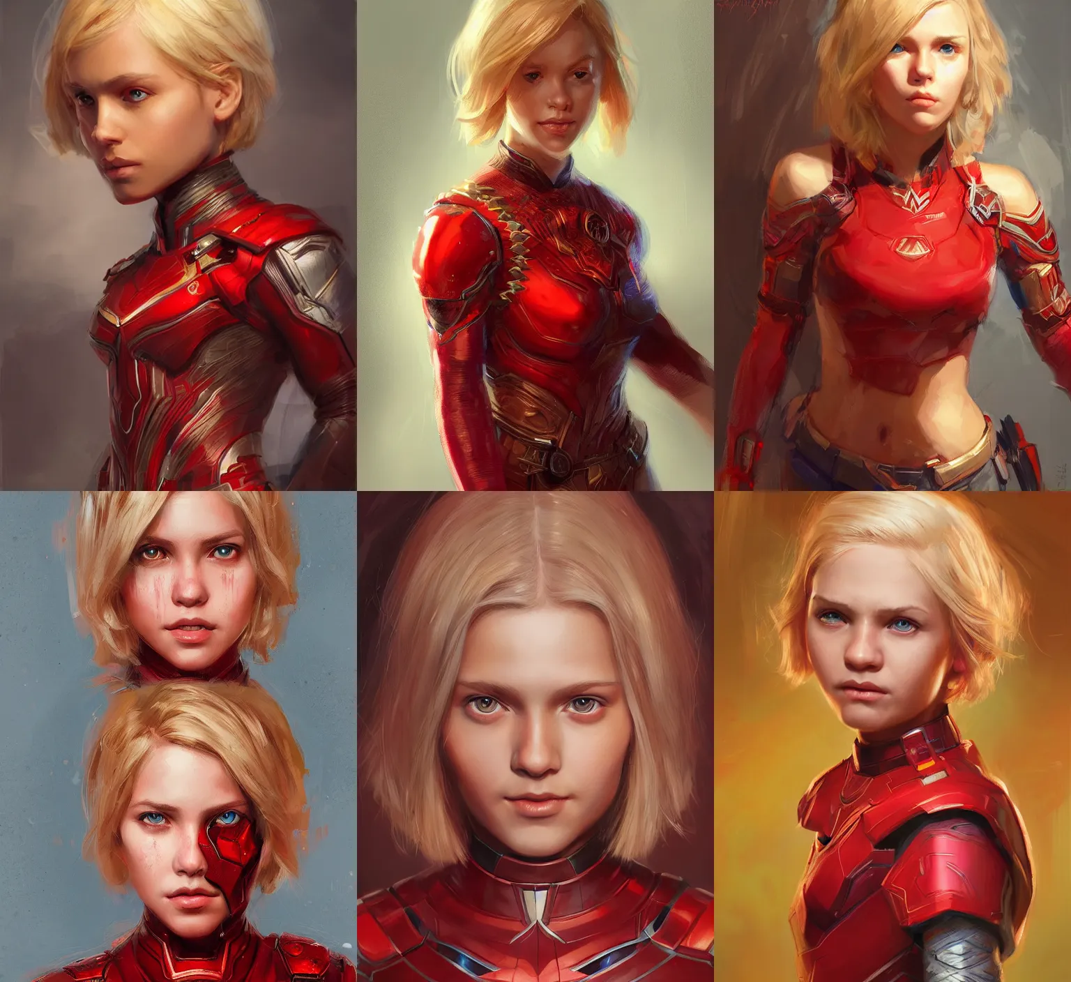 Prompt: portrait young girl, short blond hair, red tunic, marvel comics, intricate, highly detailed, artstation, aleksi briclot, mandy jurgens, rutkowski