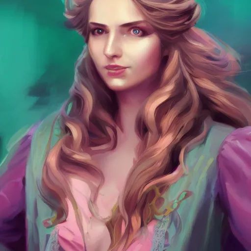 Image similar to portrait painting of a 3 2 years old woman joyful flirtatious pirate long hair soft hair flowing hair upper body coat elegant charming pretty ons pirate ship unreal render cinematic lighting art 1 9 2 0 period drama by bussiere rutkowski andreas rocha, colors pink purple green blue