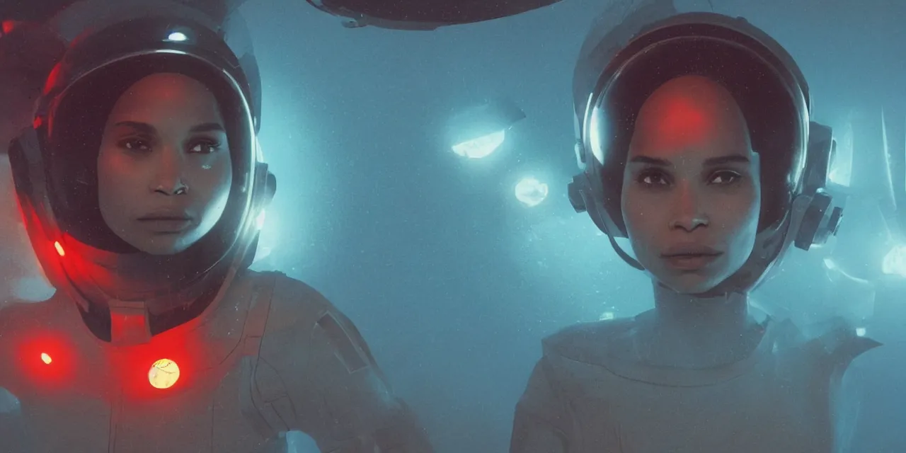 Image similar to Zoe Kravitz with short hair as a retro astronaut, helmet with led lights, alone underwater in the ocean at night, clear water, glowing bubbles, volumetric lighting, glowing lights, 4k, octane, unreal engine, digital painting, artstation, concept art, high contrast, high saturation , cinematic film still, sharp focus, illustration, art by Christopher Nolan and artgerm and greg rutkowski and alphonse mucha , wide angle view, full body