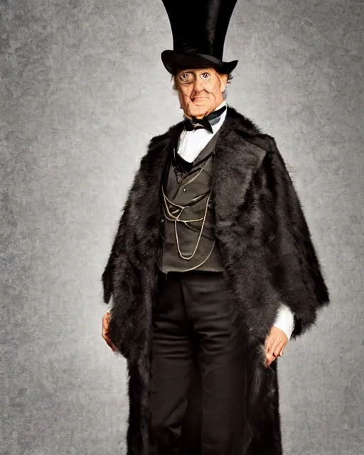 Image similar to Tall, elegant, Coyote man, has yellow wolf eyes, a long beautiful tail, long coyote like ears, He is dressed Victorian era style, wearing a Top Hat and cape, highly realistic, photoreal, photograph in the style of Annie Leibovitz, Studio lighting