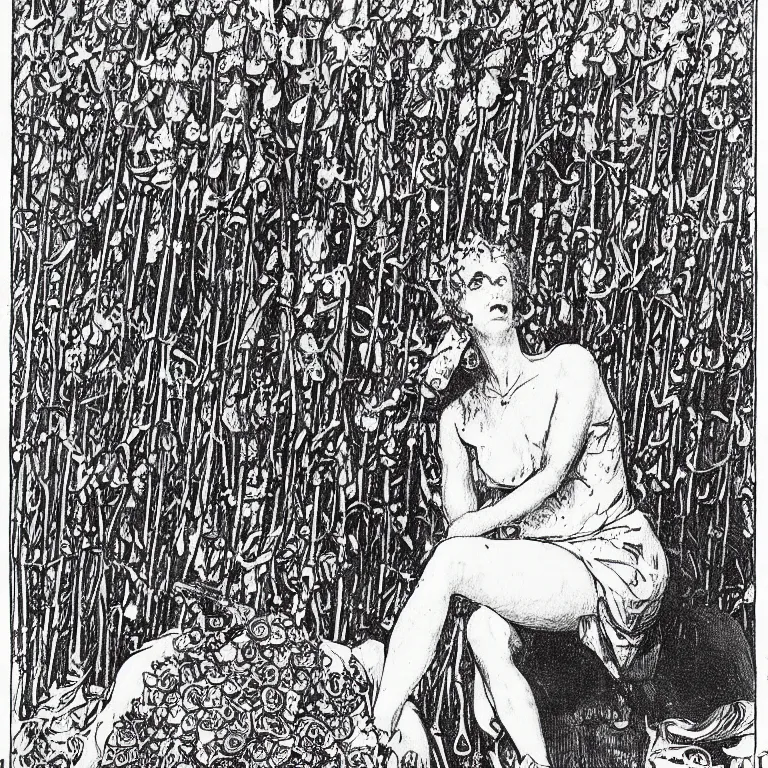 Prompt: a walther caspari illustration in lustige blatter in 1 8 9 9 of a ( young goddess, sitting on a conical!!!! pile! of small skulls ) with huge flowers on tall stalks behind her, black and white pen an ink drawing