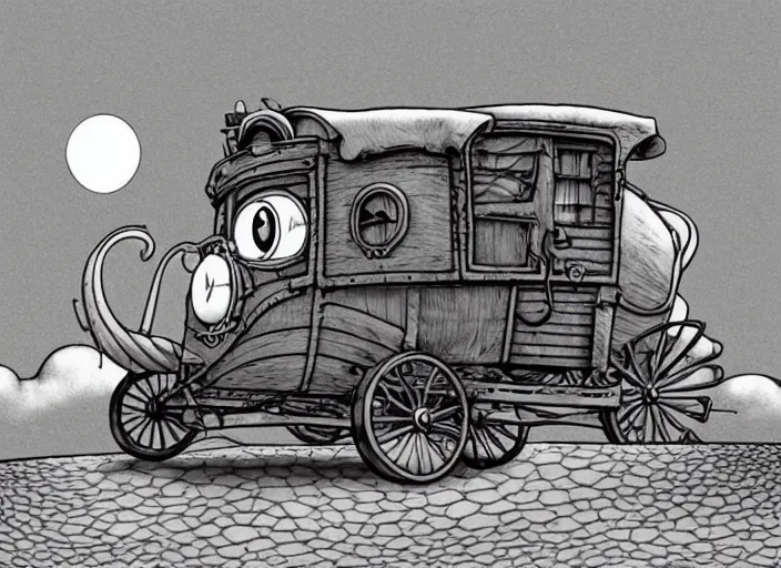 Image similar to a cell shaded cartoon of a lovecraftian snail stage coach from howl's moving castle ( 2 0 0 4 ), on a desert road, in front of a pale full moon, full body, wide shot, very dull muted colors, studio ghibli, highly detailed, deviantart, art by artgem