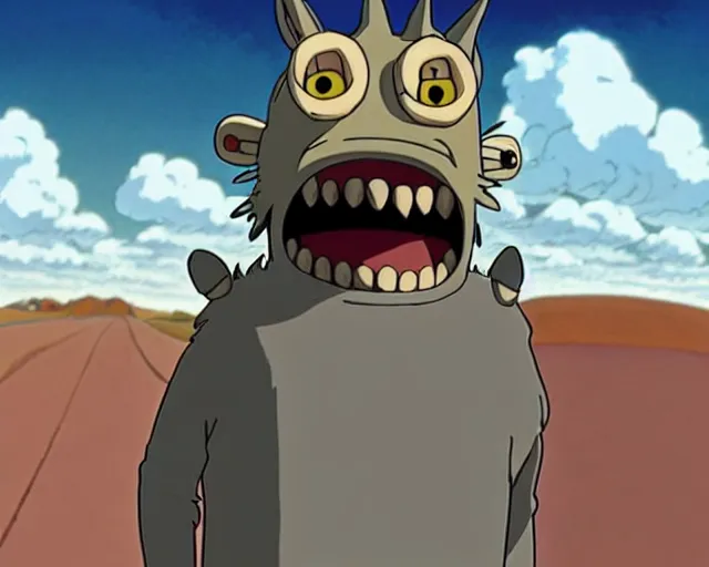 Image similar to a cell shaded cartoon grey lovecraftian mechanic wolf from howl's moving castle ( 2 0 0 4 ), with a big head, on a desert road, wide shot, studio ghibli, hq