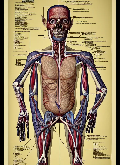 Image similar to academic anatomical diagram poster of a cryptid goblin