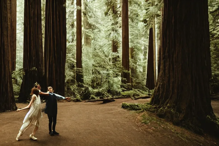 Image similar to cinematography closeup portrait of couple dancing in the redwood forest, thin flowing fabric, natural light by Emmanuel Lubezki