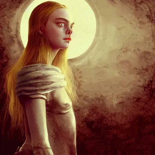 Prompt: Elle Fanning in the painted world of Dark Souls, head and shoulders masterpiece, apocalypse, golden hour, cosmic horror, artstation, in the style of Dada, extremely detailed