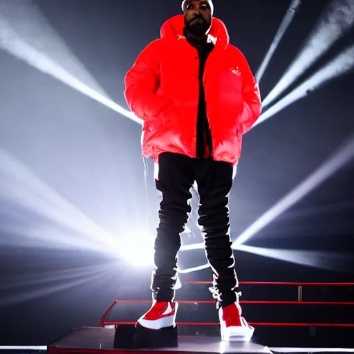 Image similar to kanye west wearing a red puffer jacket and red pants, standing in a stadium, white light shining on him