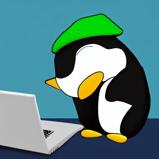 Image similar to penguin from linux with a luigi hat sits in front of a laptop, background is a room filled with anime posters, digital art, blender, 4 k