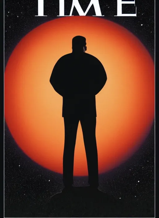 Image similar to the cover of time magazine with a man standing in front of a planet, poster art by Emiliano Ponzi, trending on cg society, private press, sci-fi, elite, cosmic horror