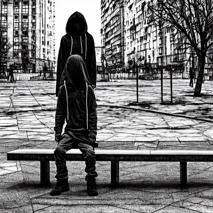 Image similar to sadie sink in hoodie sits on bench in ruined square, pedestrians walk by, old soviet monument. storyboard, scifi cyberpunk. by gabriel hardman, joe alves, chris bonura. cinematic atmosphere, detailed and intricate, perfect anatomy