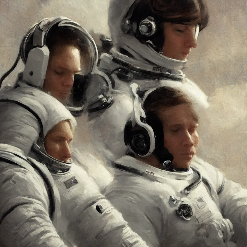 Image similar to astronaut wearing a headphone, beautiful, cinematic, art by jeremy lipking