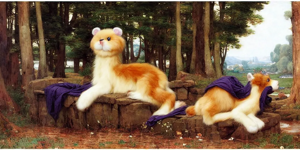 Image similar to 3 d precious moments plush animal, realistic fur, landscape, < muted blue, peach, gray, brown, purple color scheme >, master painter and art style of john william waterhouse and caspar david friedrich and philipp otto runge