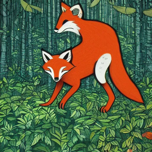 Image similar to an adventurous anthropomorphic fox walking through a lush forest, James jean