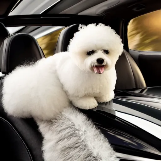 Image similar to a photorealistic image of bichon frise riding in the back on an Uber through Hollywood at sundown. This 4K HD image is Trending on Artstation, featured on Behance, well-rendered, extra crisp, features intricate detail and the style of Unreal Engine.