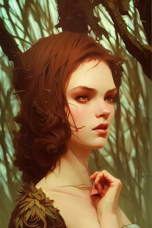 Image similar to a very beautiful savage girl, forest, fantasy, portrait, sharp focus, intricate, elegant, digital painting, artstation, matte, highly detailed, concept art, illustration, ambient lighting, art by ilya kuvshinov, artgerm, alphonse mucha, and greg rutkowski