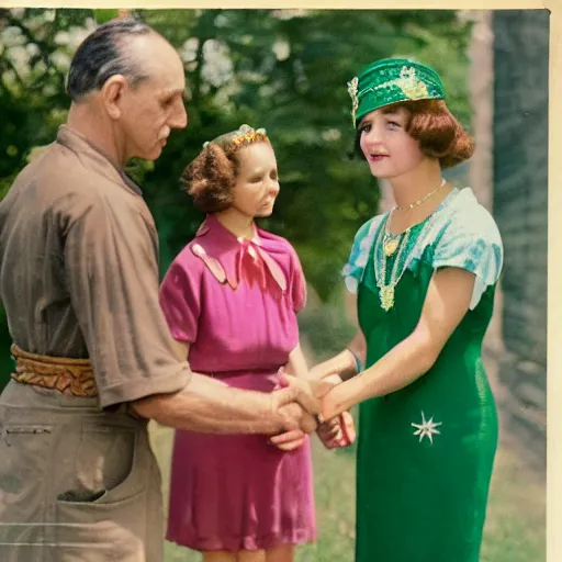 Prompt: a queen with tan skin, short, rippling dark cinnamon hair, and emerald eyes is shown meeting with the master of additional support needs in a long, medium wide shot, german and eastern european mix kodachrome slide. in a vintage historical fantasy photograph from 1 9 3 2, she is shown donning a pink dress and green jewels.