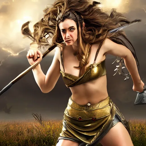 Image similar to Greek goddess Athena fighting with stupidity, stupidity is represented by horde of internet influencers, realistic person, spear in the right hand, long hair, detailed body and face, natural look, realistic photography, hyper realistic, highly detailed, 4k, battle landscape, high quality image, couraging and atmospheric composition