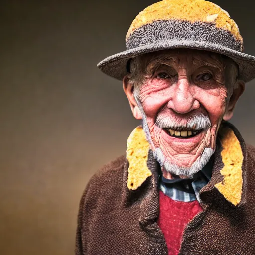 Image similar to an elderly man wearing a hat made from doughnuts, bold natural colors, national geographic photography, masterpiece, 8 k, raw, unedited, symmetrical balance