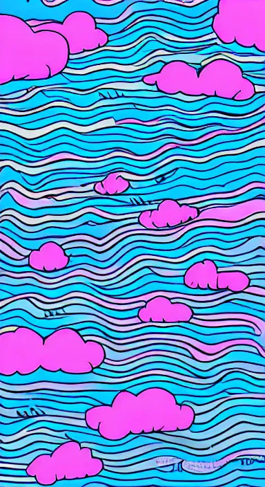 Image similar to pink clouds, under blue clouds, under black sky, smooth, cartoonish and simplistic, background artwork, digital art, award winning