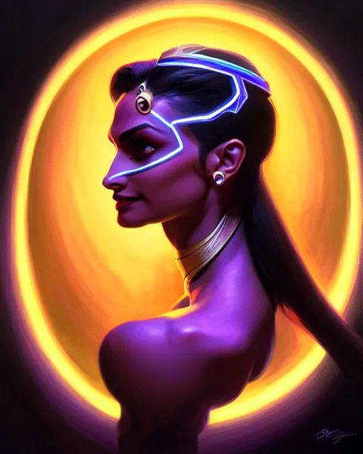 Image similar to symmetra from overwatch, bust, fantasy, fantasy art, fantasy, colorful, elegant, character portrait, portrait, close up, highly detailed, intricate detail, amazing detail, sharp focus, vintage fantasy art, vintage sci - fi art, radiant light, caustics, by boris vallejo
