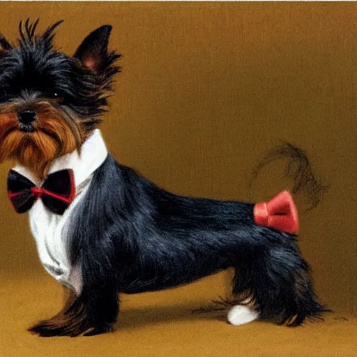 Prompt: a Yorkshire terrier wearing a black bow tie on a yacht, extremely detailed masterpiece, illustration, by Michael Sowa,