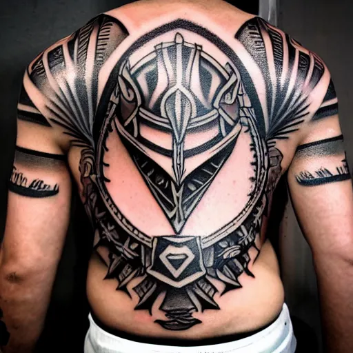 Image similar to A male gladiator wearing a thracian helmet action shot, tattoo, tattoo art, Black and grey tattoo style