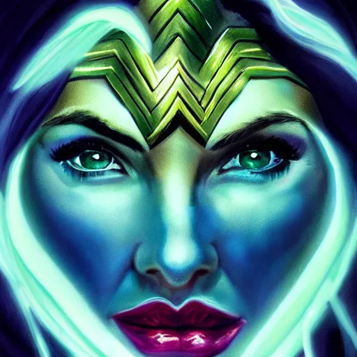 Image similar to highly detailed painting of wonder woman floating in the center, white hair, glowing green eyes, dark blue to white center background, 4 k, ultra realistic,