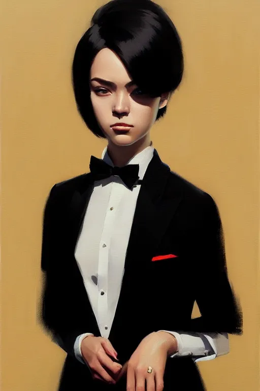 Image similar to a ultradetailed beautiful portrait panting of a stylish woman wearing a black tuxedo, oil painting, by ilya kuvshinov, greg rutkowski and makoto shinkai, trending on artstation