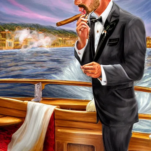 Image similar to a groom smoking a cigar on a large boat. wedding. digital art. highly detailed.