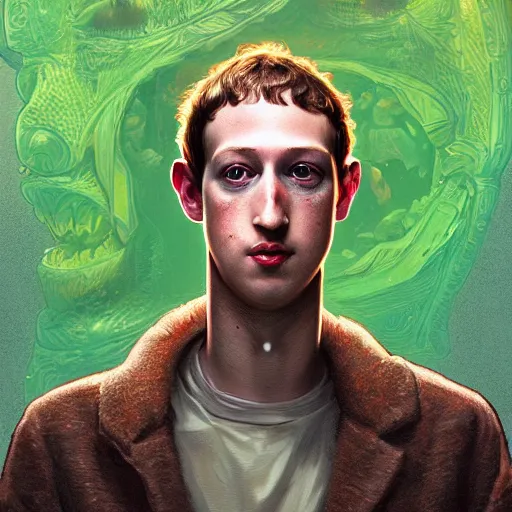 Image similar to An anthropomorphic pickle with the face of Mark Zuckerberg , Pickle Rick, intricate, highly detailed, digital painting, artstation, oppressive lighting, fashion concept art, sharp focus, illustration, art by greg rutkowski and alphonse mucha