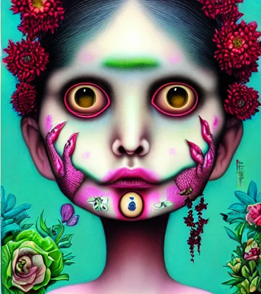 Image similar to portrait of a flowerpunk girl's face, lowbrow painting by mark ryden and hiroyuki mitsume - takahashi