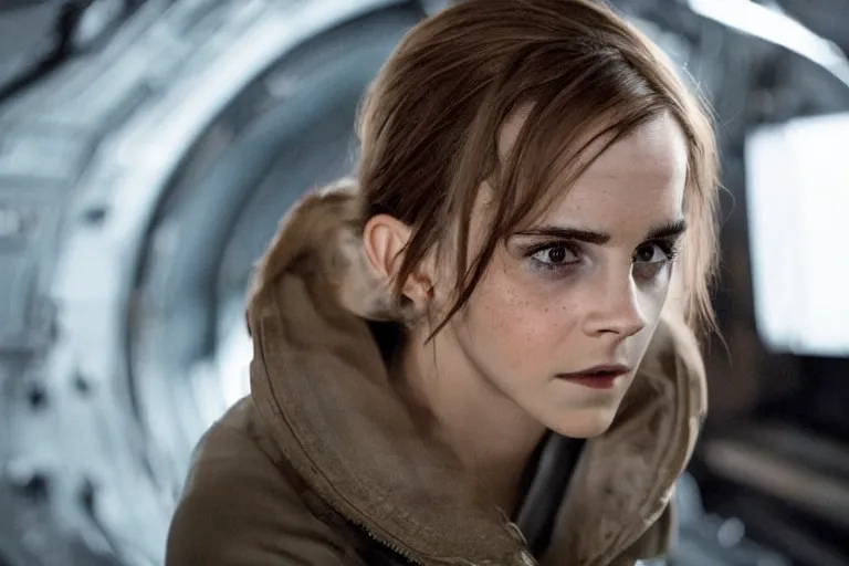 Image similar to promotional image of Emma Watson in Interstellar (2014 film), detailed face, movie still, promotional image, imax 70 mm footage