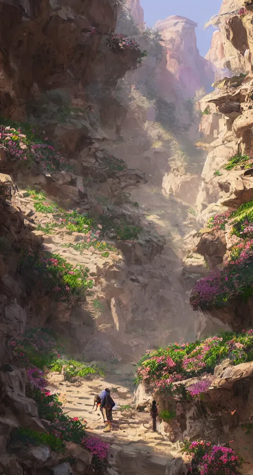 Image similar to canyon, ground filled with flowers, camel traders walking through, artstation