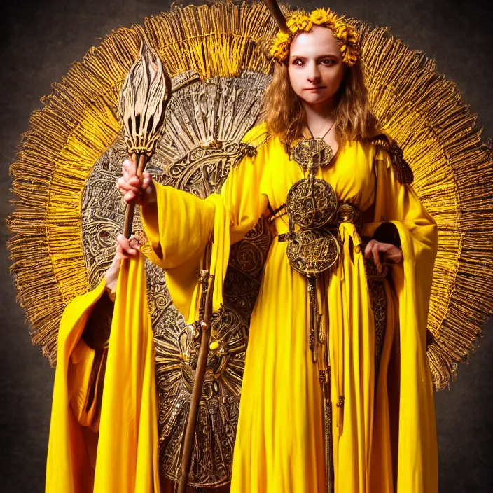 Prompt: photograph of a real-life beautiful sun witch with ornate yellow robes and staff. Extremely detailed. 8k