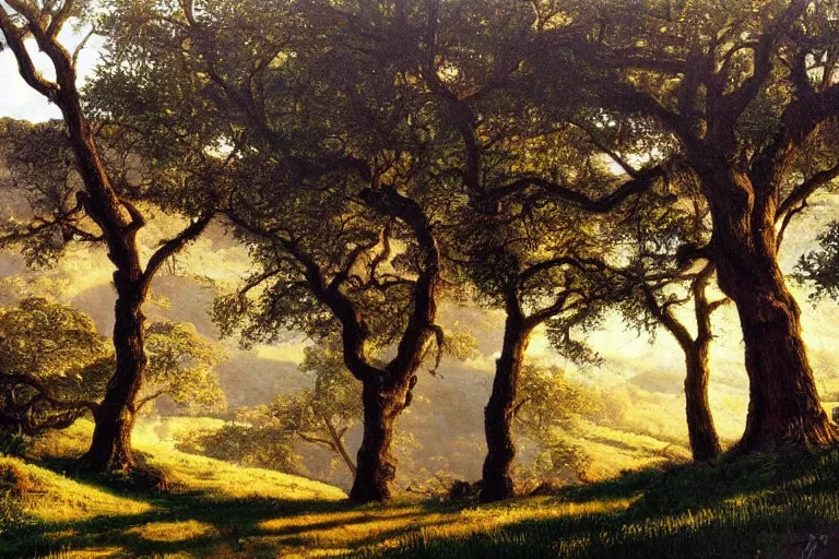 Image similar to masterpiece painting of oak trees on a hillside overlooking a creek, dramatic lighting, by james gurney