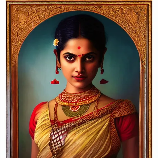 Image similar to beautiful young laxmi wearing bihu mekhela costume ; portrait by artgerm and tom bagshaw ; trending on artstation ; award winning, cinematic natural dramatic lighting, studio photography by annie leibovitz