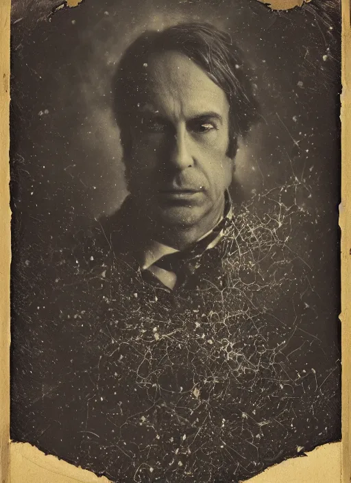 Prompt: old wetplate daguerreotype portrait of saul goodman, explosion of data fragments, fractal, intricate, elegant, highly detailed, parallax, medium format, subsurface scattering, by jheronimus bosch and greg rutkowski and louis jacques mande daguerre