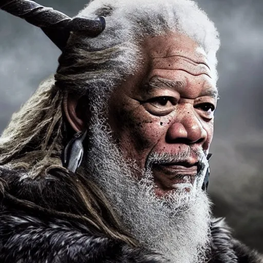 Image similar to profile photo of morgan freeman in a dark viking hood playing odin all father from the thor movie, highly detailed, cinematic shot, cinematic lighting, 8 k, exquisit facial detail