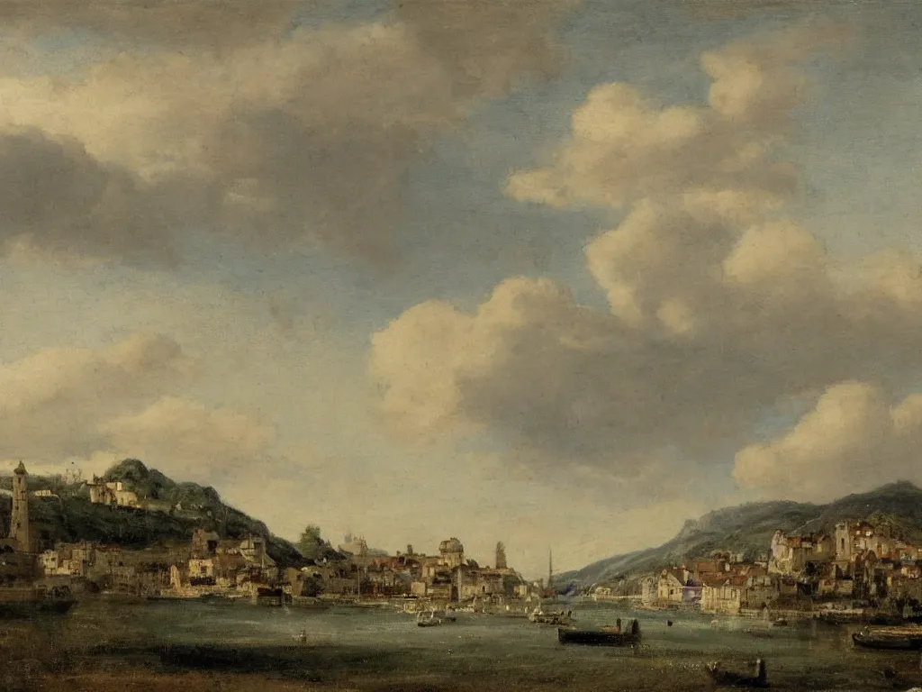 Prompt: a small village, viewed from the harbor, by jean - baptist monge,