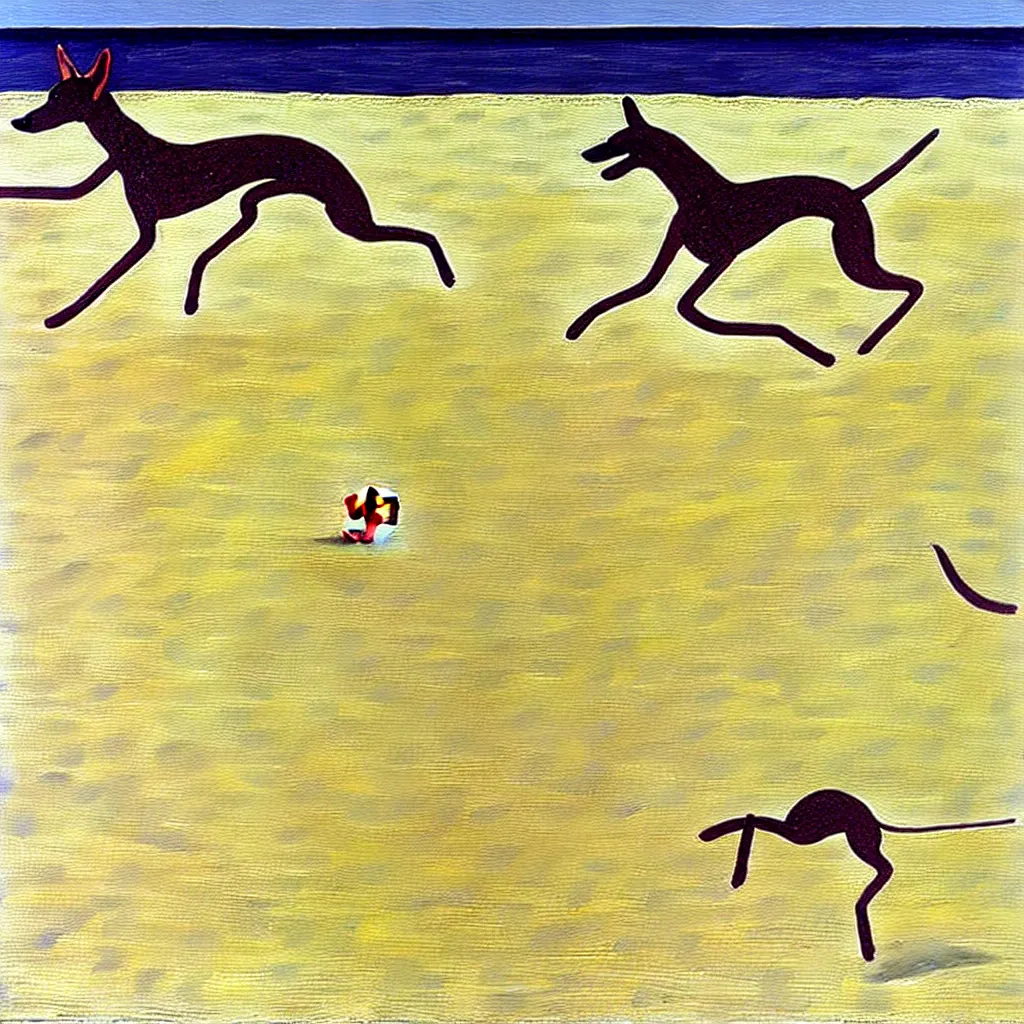 Prompt: close-up of a whippet running at beach, painting by david hockney, highly detailed