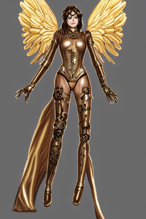 Prompt: Steampunk Angel, mechanical long wings, gear halo, empty eyes, metallic bronze skin, golden tech robes, female looking, normal lenght legs, steampunk fantasy, extremely detailed, trending on artstation