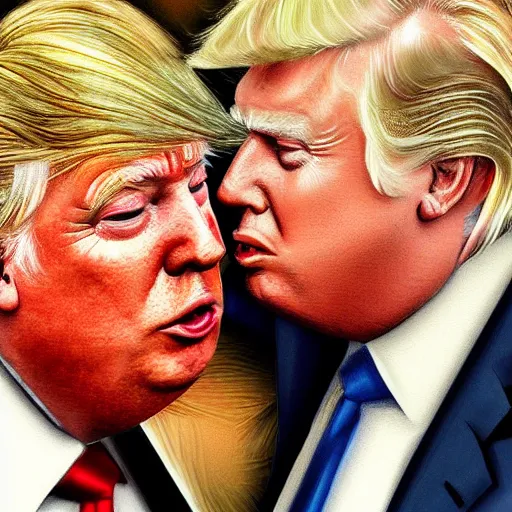 Image similar to a beautiful detailed digital art piece of boris johnson and donald trump kissing, visual art, deviantart, artstation, digital art