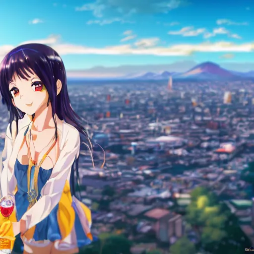 Prompt: closeup of an Anime girl with an Aguardiente Cristal Booze bottle in her hand with the city of Armenia Quindio in the background, Artwork by Makoto Shinkai, official media, 8k, pixiv, high definition, wallpaper, hd, digital artwork