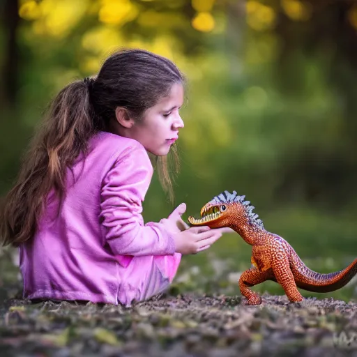 Prompt: color shot of a young girl playing with her pet dinosaurs, photorealistic,8k, XF IQ4, 150MP, 50mm, F1.4, ISO 200, 1/160s, natural light