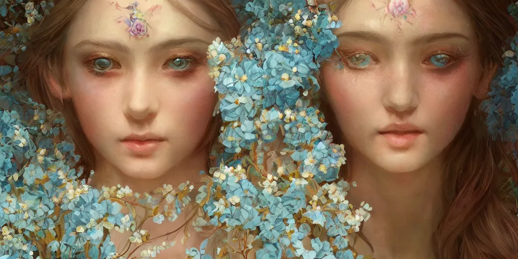 Prompt: breathtaking detailed concept art painting portrait of the hugs goddess of light blue flowers, orthodox saint, with anxious piercing eyes, ornate background, amalgamation of leaves and flowers, by hsiao - ron cheng, extremely moody lighting, 8 k